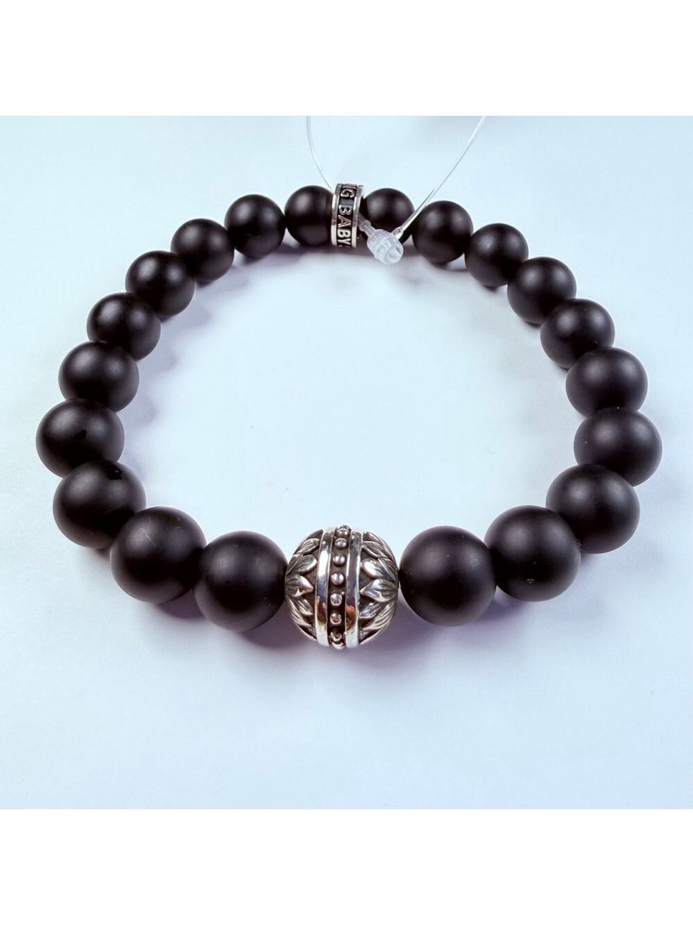King Baby Studio 10MM Onyx Matte Bead Sterling 925 Silver Stretch Bracelet NWT